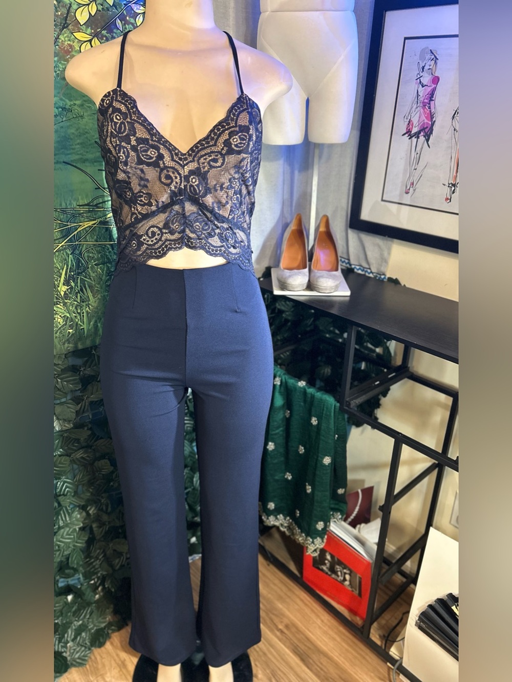Windsor Navy Lace-Back Halter Jumpsuit with Silver Exposed Zippers | Size: S